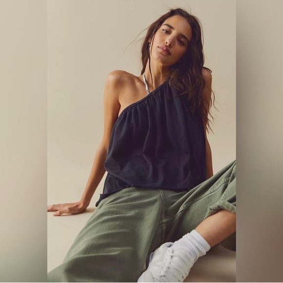 Free People Spring Break One Shoulder Top Size Small Black Cotton - Picture 2 of 11